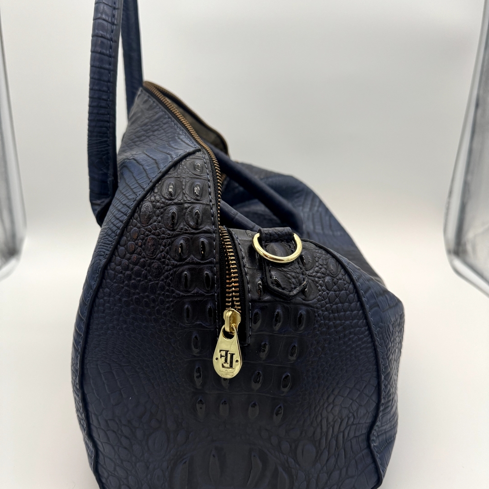 London Fog Dark Blue Crocodile Embossed Satchel - Picture 2 of 4